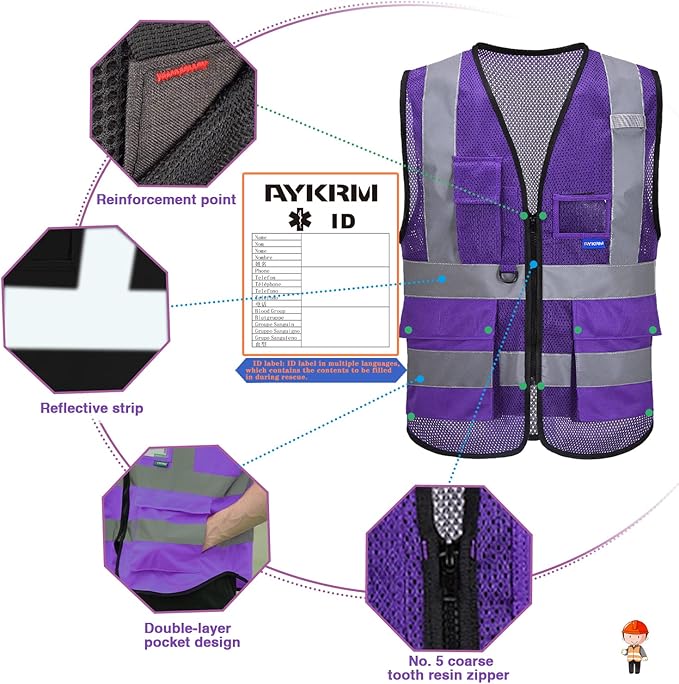 A-SAFETY High Visibility Mesh Safety Reflective Vest with Pockets and Zipper,Hi Viz Work Vest for Men Women (Purple Mesh XL)