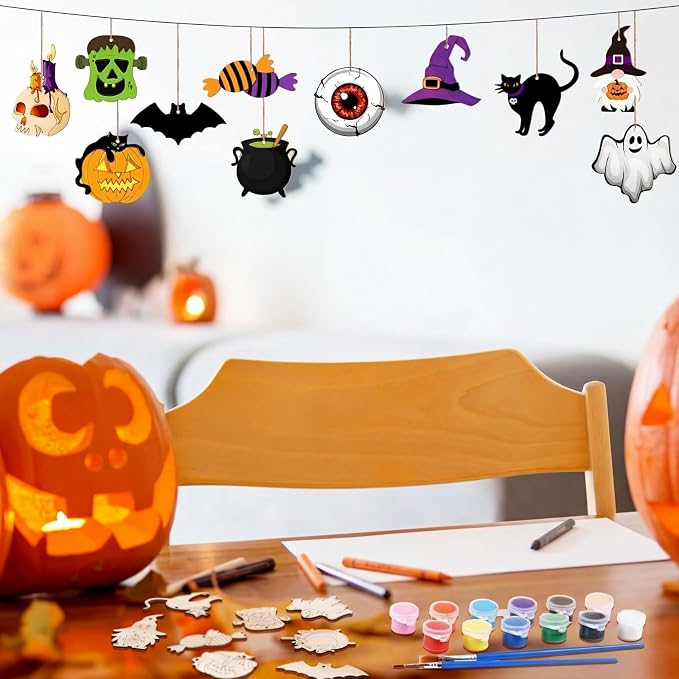 JellyArch 36 Pcs Halloween Wood Cutouts Crafts, Halloween Pumpkin Skull Bat - Image 5