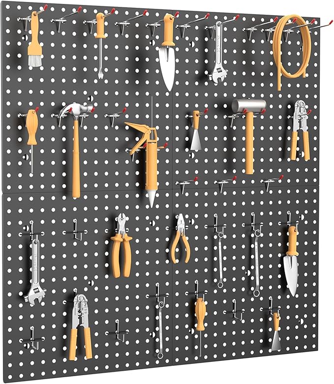 WALMANN 4PCS 16" * 16" Metal Pegboard Panels for Wall Garage Tools Pegboard for Garage, Workbench, Peg Board Tool Organizer Board(Pack of 4, Black)