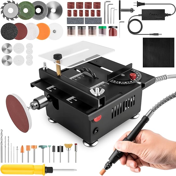 Mini Table Saw for Crafts, Portable Small Hobby Table Saw with 196 Accessories, Adjustable Speed & Angle, All-in-One Cutting, Sanding, Engraving for Wood, Plastic, PCB, Acrylic (Liftable)