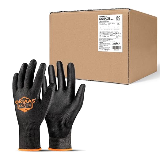 OKIAAS Work Gloves for Men，Ultra Thin and Lightweight Working Gloves with Grip, Bulk Case of 60 Pairs Construction Gloves with Polyurethane Coating, Safety Gloves for Light Duty Work (Black, Large)