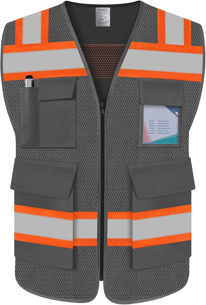 TCCFCCT Reflective Vest 5 Pockets Mesh Safety Vest with Reinforced Zipper, High Visibility Surveyor Work Vest for Men Women with Fluorescent Orange Edge, Durable to Use, Meets ANSI/ISEA,DW-Grey, 4XL