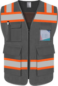TCCFCCT Reflective Safety Vest 5 Pockets Mesh High Visibility Vest for Men Women, Hi Vis Construction Work Vest with Fluorescent Orange Edge, Durable with Reinforced Sewing, Meet ANSI/ISEA, DW-Grey, S