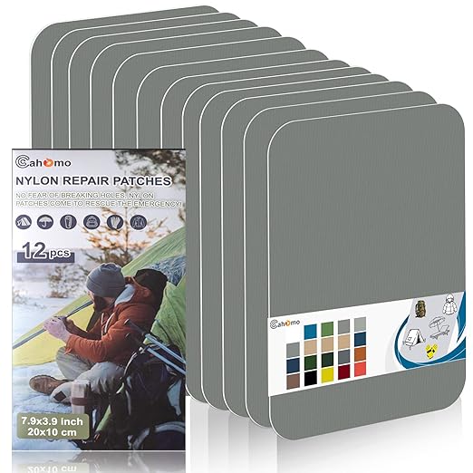 7.9x3.9 inch 12 PCS Nylon Repair Patch Nylon Repair Tape Self Adhesive Fabric Tapes Outdoor Camping Gear Fabric kit for Tent, Umbrella, Down Jackets, Sleeping Bag, Knapsack（Light Gray）