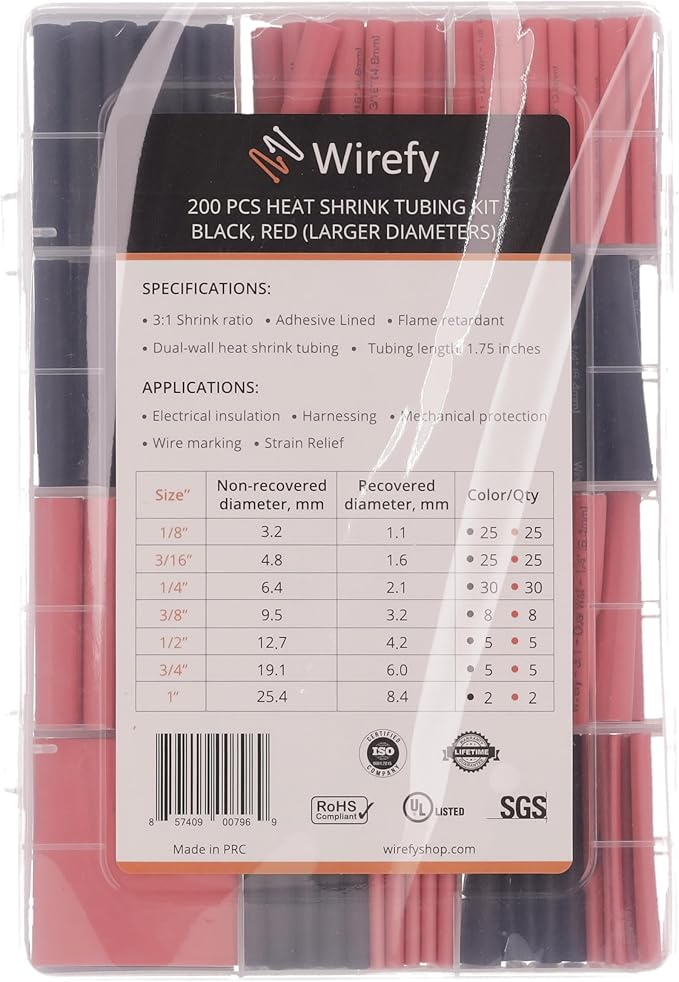 Wirefy Heat Shrink Tubing Kit – Wire Heat-Shrink Tubing Adhesive Lined – Waterproof Heatshrink Tubing with Adhesive – Black and Red Large Shrink Tubing – UL Listed – 200PCS