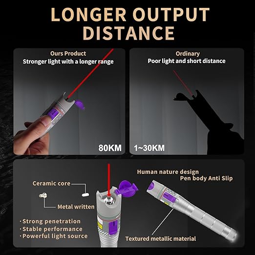 Purple 80KM Visual Fault Locator for Fiber Optic Cables, VFL Supports FC/ST/SC/LC Interfaces, Long-Range Fault Finder, Fiber Light Pen Tester, High-Precision OTDR Mapping Tool for FTTH, Telecom
