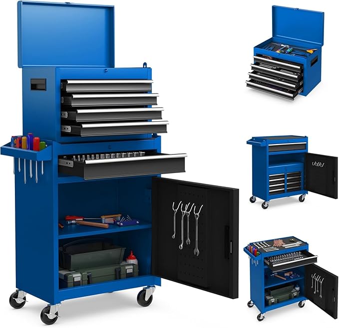 Goplus Tool Chest, 5-Drawer Rolling Cabinet with Detachable Top Toolbox, Lockable Wheels, Lock Bar, Protective Liner & Tool Rack, Metal Storage Cart for Garage Workshop