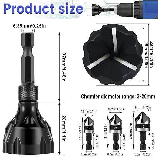 5Pcs Tungsten Carbide Chamfering Drill Bit for 1/8”-3/4”(3mm-20mm), Deburring External Chamfer Tool for Metal, Remove Burr Tools Quick Release Hex Shank, Repairing Damaged Screws, Bolts and Fasteners