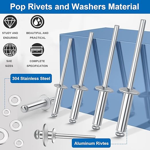 smseace 100Pcs 1/4"x1/2" Pop Rivets with Washer Assortment Kit 6.4x12.7mm Pop Rivets and 1/4" 304 Stainless Steel Backup Washers Aluminum Rivets kit for Metal/Furniture/Automotive/Instruments