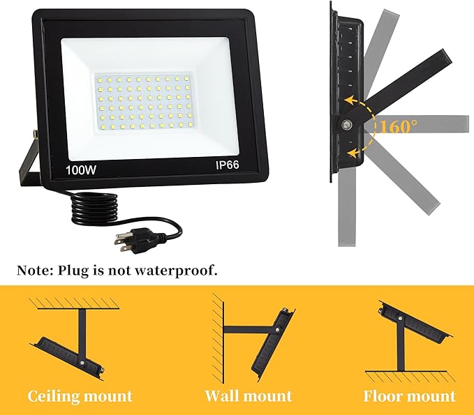 4 Pack 100W LED Flood Lights Outdoor, 10000 LM Super Bright Security Lights, Portable IP66 Waterproof LED Work Light with Plug, 6000K Daylight White Floodlights for Garage Yard Garden Playground Patio