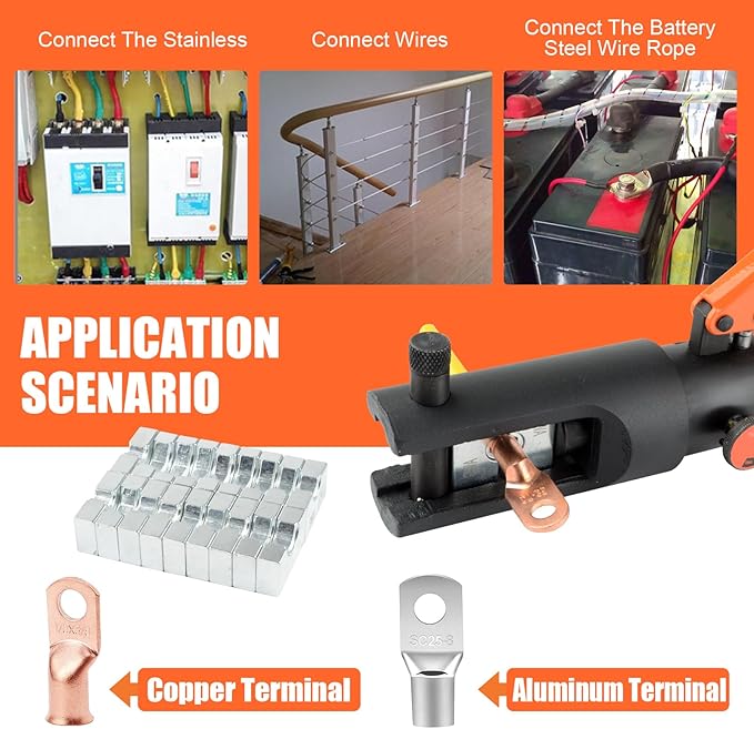 HZLZRZ Hydraulic Crimping Tool, 16 Tons Battery Cable Crimping Tool and Range 4AWG-500MCM, 10 Pairs of Dies for Kit, Yellow Battery Cable Terminal and wire crimpers (YQ/240A)