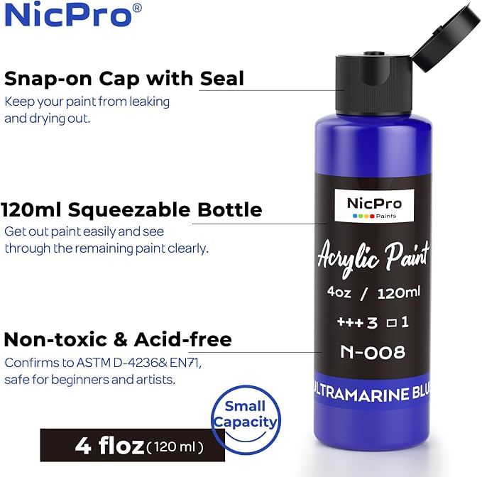 Nicpro 8 Primary Colors Acrylic Paint Set, Rich Pigment, Non Toxic Craft Paint - Image 3