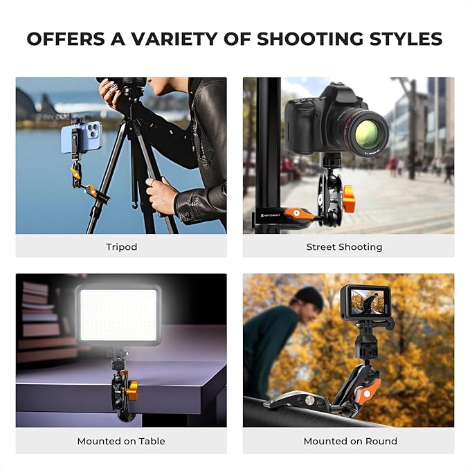 K&F Concept Camera Clamp Mount, Super Clamp Mount Magic Arm with Two 360° Ball Heads, 1/4" Screw Threads for ARRI Compatible with DSLR, Action Camera, Tripod, Phone for Gopro/Insta360