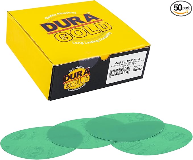 Dura-Gold Premium 1500 Grit 6" Gold Sandpaper Discs, No Hole Pattern Dustless, Box of 50, Hook & Loop Backing for DA Sander, Finishing Coarse Sanding Abrasive Automotive Paint, Woodworking Wood, Metal
