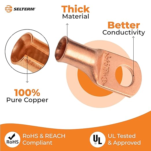 SELTERM 25pcs 4 AWG 5/16" Stud (Wide Pad) Battery Lugs, Ring Terminals, Heavy Duty Copper Wire Lugs, Battery Cable Ends, 4 Guage Ring Terminal Connectors, UL Bare Copper Eyelets Battery Cable Lugs