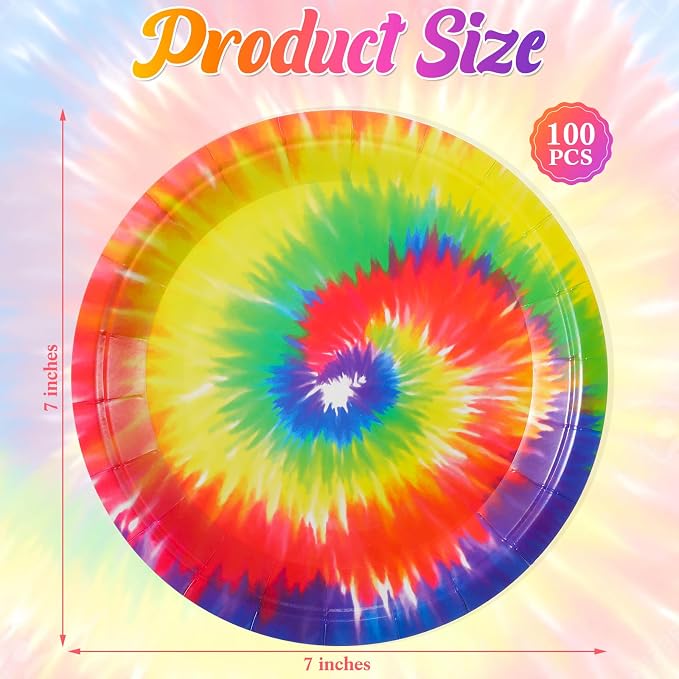 Domensi 100 Pack Tie Dye Paper Plates 7 Inch Rainbow Disposable Dessert Plates - Image 2