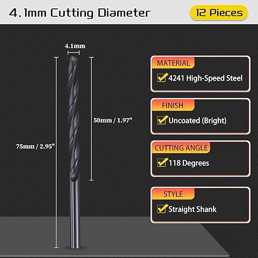 Drill Bit, 4.1mm Cutting Diameter, 4241 HSS Nitriding Black 118° Cutting Angle Versatile Jobber Bits - (Applications: for Drilling Plastic Wood Soft Metal), 12-Pieces
