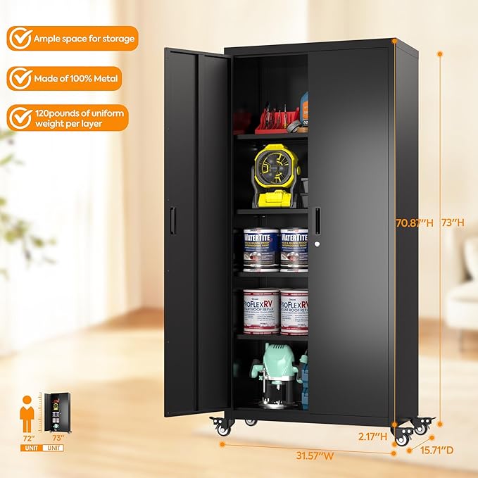 Metal Garage Storage Cabinet with Wheels, 73'' Steel Cabinets on Wheels for Office School Home Warehouse Utility Room Garage, Assembly Require,Black