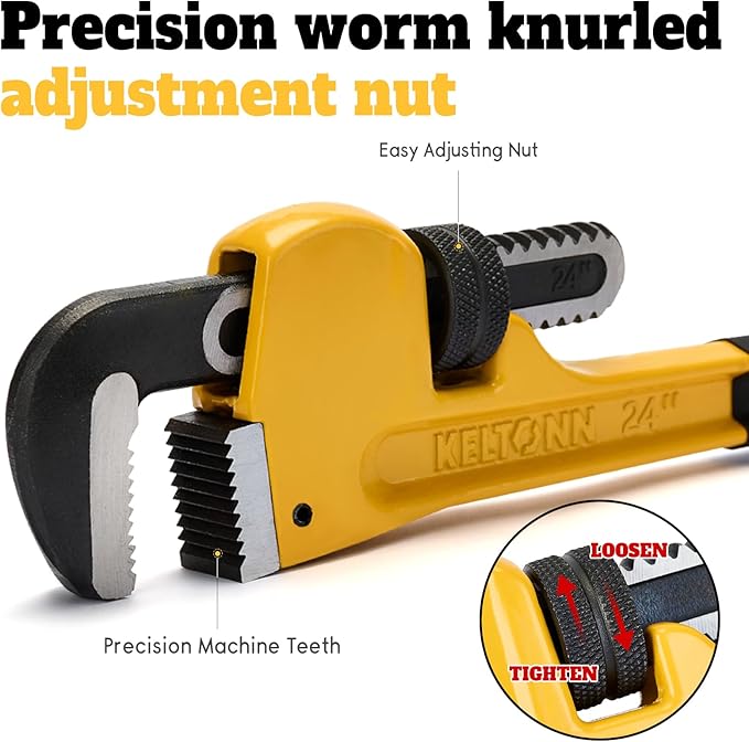 24 Inch Adjustable Heavy Duty Pipe Wrench, High Carbon Steel with Precision Worm Gear and Serrated Jaws, for Industrial Pipe Installation & Repair