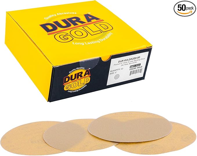 Dura-Gold Premium 220 Grit 6" Gold Sandpaper Discs, No Hole Pattern Dustless, Box of 50, Hook & Loop Backing for DA Sander, Finishing Coarse Sanding Abrasive Automotive Paint, Woodworking Wood, Metal