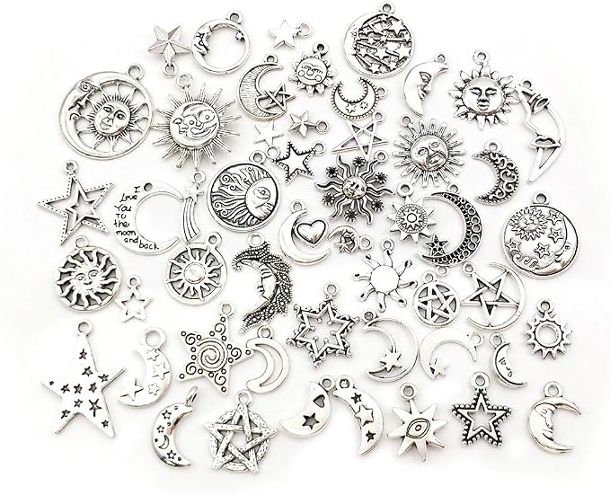 100 pcs Craft Supplies Mixed Antique Silver Sun Moon Stars Charms Pendants - Image 2
