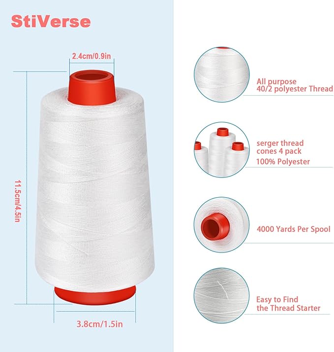 White Sewing Thread, Serger Thread Cones 4 Pack, 40S/2-24000 Yards White All - Image 2