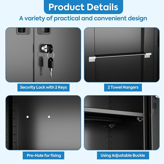 Garage Storage Cabinet with Wheels and 5 Pegboard, 71" H Metal Storage Cabinets with 2 Locking Doors and 4 Shelves, Broom Closet Storage Cabinet with Hanging Rod and 13 Hooks, Black