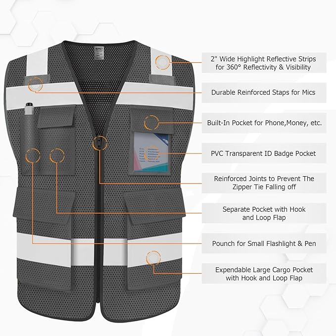 TCCFCCT Mesh High Visibility Vest 5 Pockets Reflective Safety Work Vest for Men Women, Hi Vis Construction Vest with Horizontal Strip for Walkie-talkie, Meets ANSI/ISEA Standards, Grey, L