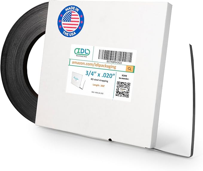 IDL Packaging 3/4" x .020" x 300' Steel Strapping Coil (1700 Lbs Break Strength) in Self-Dispensed Сardboard Box - Portable Strong Banding with Superior Cut-Resistance - Heavy Pallet Strapping