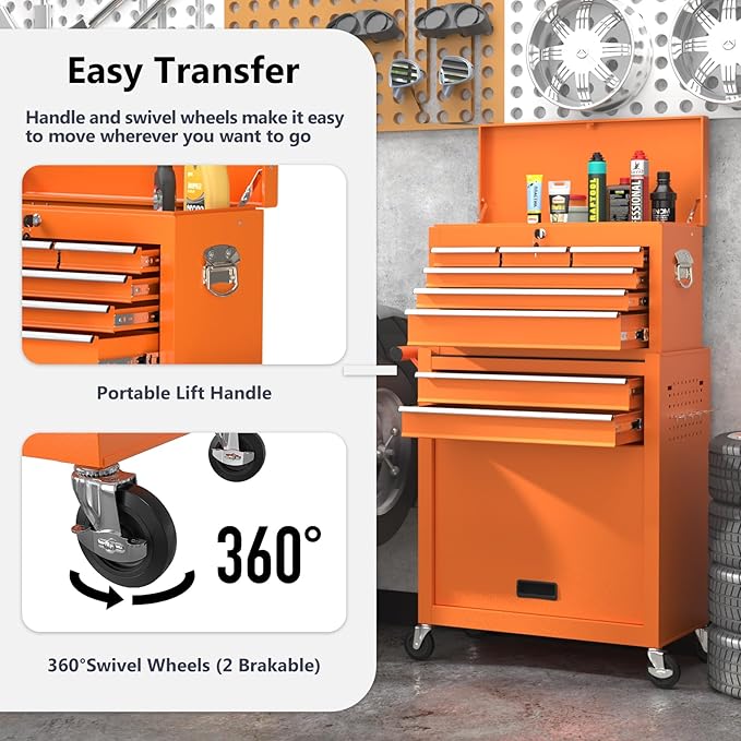 8 Drawer Tools Chest,42.9 inch Tool Cabinet with Universal Lockable Wheels，Organizable Tool Box with Detachable Top Box for Workshop，Orange