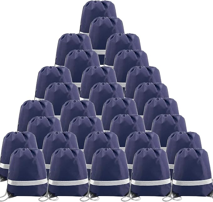BeeGreen 30 Pieces Navy Blue Drawstring Backpacks Bulk, Reflective Gym String by BeeGreen