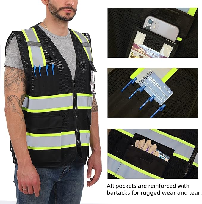Dib Safety Reflective Mesh Vest High Visibility Two Tone with Pockets and Zipper, Black Mesh with Yellow Trim M