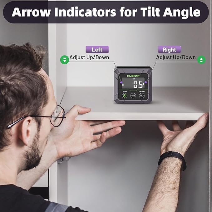 Huepar Digital Angle Finder Magnetic for Table Saw Blade, Woodworking, Bend Pipes Etc., Professional ±0.1° Accuracy Inclinometer with Calibration, 0-90 or 0-180 Digital Angle Gauge, VA LCD Display