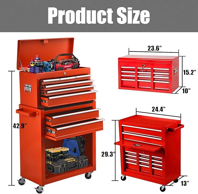8-Drawer Rolling Tool Chest with Wheels - High Capacity Tool Cabinet with Detachable Top Toolbox for Garage and Workshop Organization - Metal Tool Cart with Liner & 6 Hooks, Red