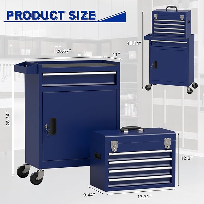 5 Drawer Tools Chest, Tool Cabinet with Universal Lockable Wheels，Tool Box with Detachable Top Box for Workshop (Darkblue)