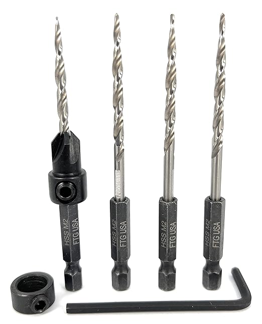 FTG USA Adjustable Wood Countersink Drill Bit #6 (9/64") with 3 Tapered Drill Bits for Woodworking