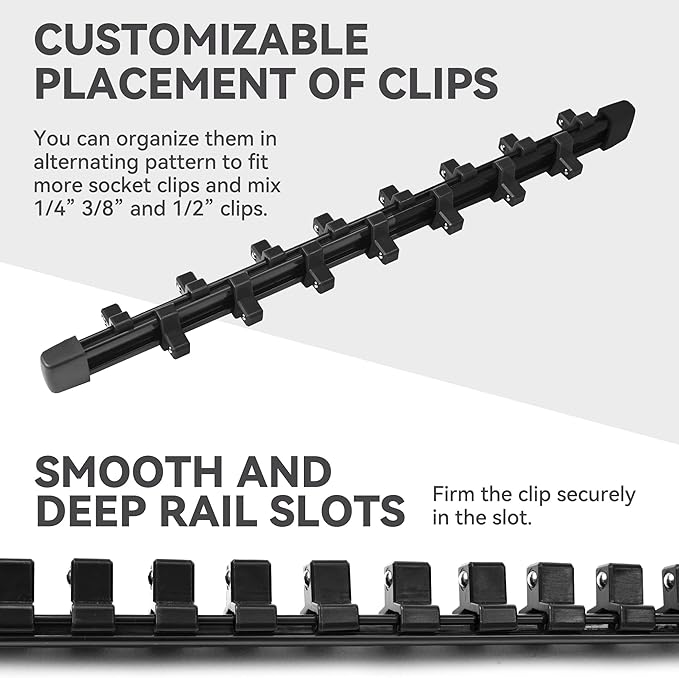 ALOANES 3 PC ABS Socket Organizer, 1/4 inch, Drive Socket Rail Holders, Heavy Duty Socket Racks, Black Rails with Black Clips