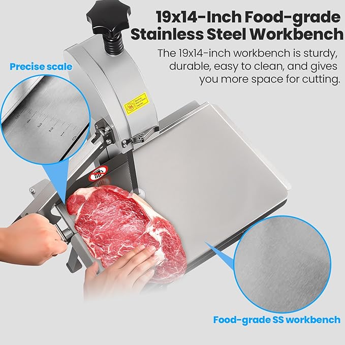 1500W Commercial Bandsaw Machine, 19x14" Stainless Steel Worktable, Cuts 0.04-5.0" Thickness Electric Bone Saw Machine, Frozen Meat Cutter with 8 Blades Included, for Rib Pork Beef