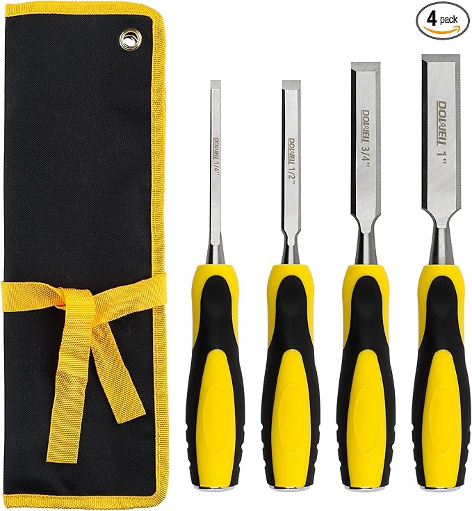 DOWELL Wood Chisel Tool Set 4pc Sturdy Chisel, 1/4 inch,1/2 inch,3/4 inch,1 inch with Carpenter Pencils HY080103