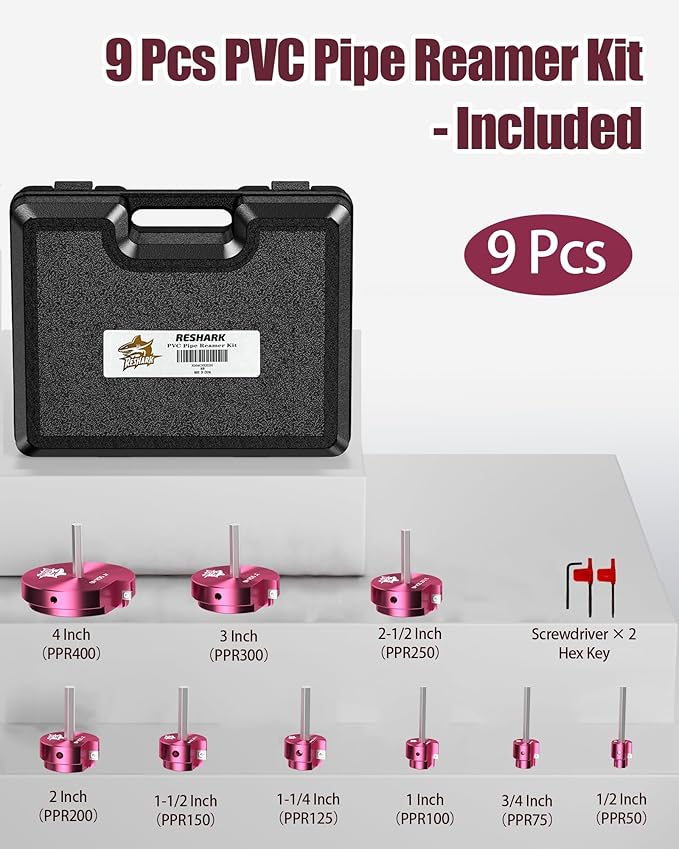 9 Pcs PVC Pipe Reamer Kit, PVC Fitting Saver, Plastic Pipe Fitting Reamer Socket Saver Plumbing Tool Includes 1/2, 3/4, 1, 1 1/4, 1 1/2, 2, 2 1/2, 3, 4 inch for Schedule 40 Fits Standard 1/2" Drill