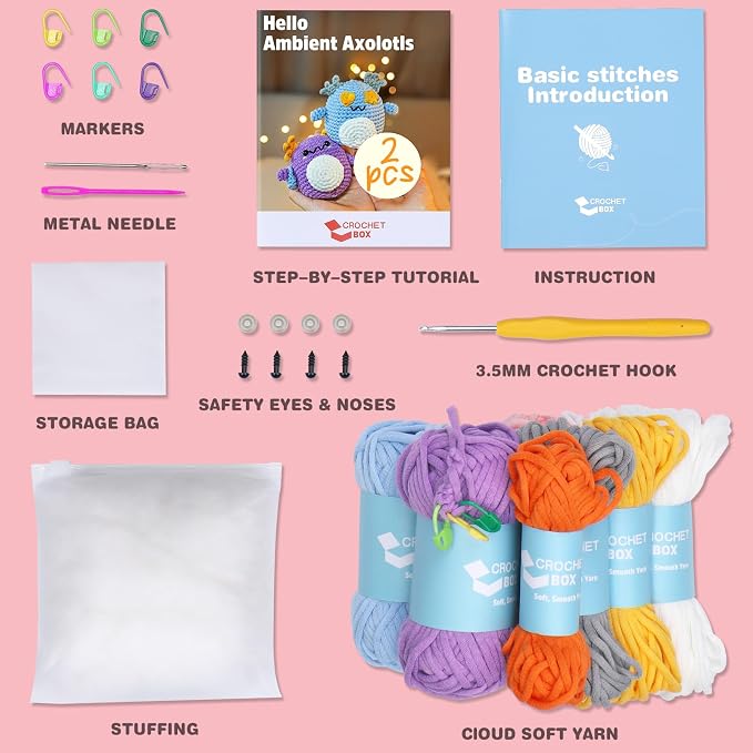 Crochet Kit for Beginners: 2 PCS Axolotl Crochet Kit, Create Your First - Image 3