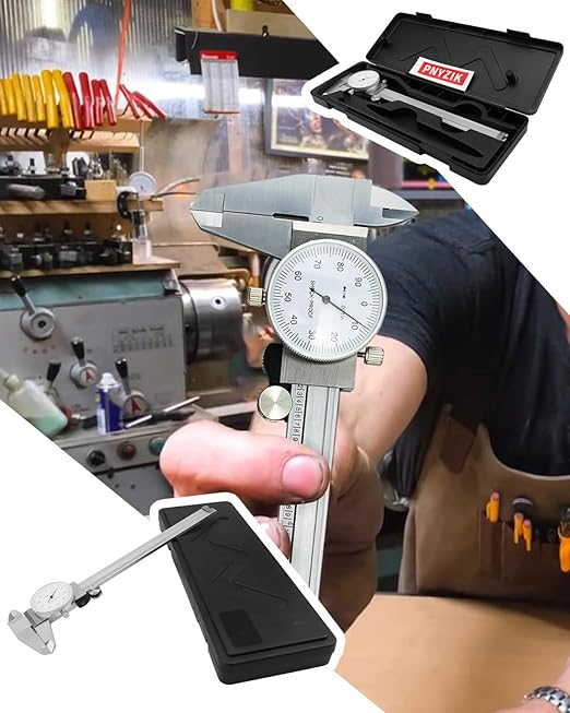 6 Inch Dial Caliper +/-0.001 Inch Accuracy, Shockproof Hardened Stainless Steel Metal 4-Way Measurement Calipers Measuring Tool with Plastic Case