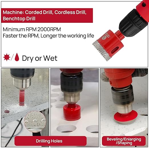 Diamond Core Drill Bit Set - 7pcs (6/8/10/20/35mm+35mm Beveling Chamfer Bit+6mm Carbide Drill Bit) Diamond Hole Saw Kit for Porcelain Ceramic Tile Marble Granite
