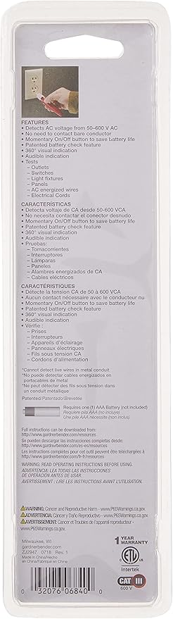 Gardner Bender GVD-3504 Circuit Alert Non-Contact Voltage Tester, Indicates AC Voltage 50-600V, Patented, CUL, ETL Listed , Red