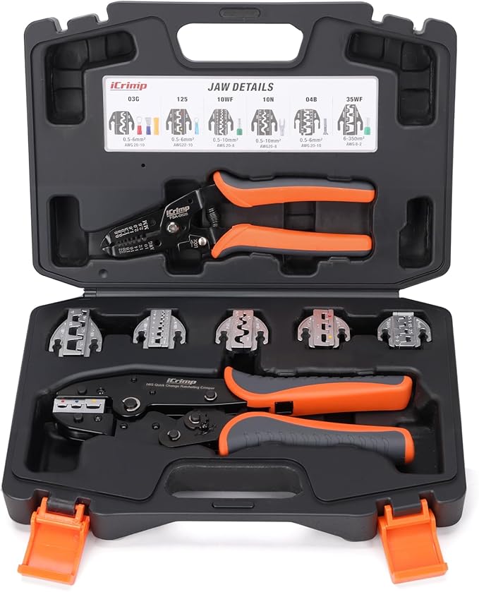 iCrimp 8-Piece Ratcheting Crimping Tool Set with PM Powder-Metallurgy Quick-Exchange Jaws, Crimps Heat-Shrink, Open-Barrel, Insulated & Non-Insulated Ferrules AWG 20-2