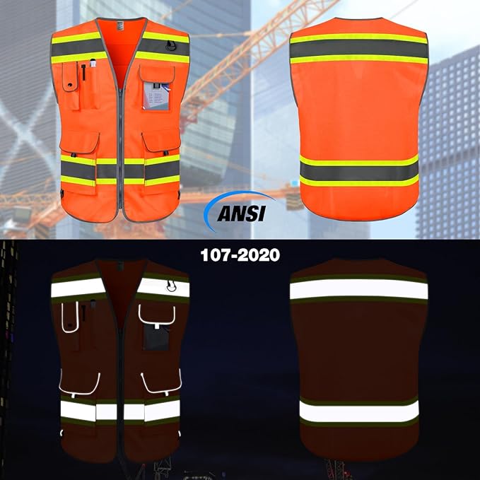 TCCFCCT Reflective Safety Vest for Men Women 9 Pockets High Visibility Vest with Fluorescent Yellow Extend Edge, Hi Vis Security Work Vest for Surveyors, Durable and Breathable, (DB-Orange, XX-Large)