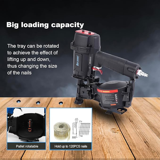 Roofing Nail Gun, 15 Degree CN45N Roofing Nailer 3/4-Inch to 1-3/4-Inch Coil Nails, 120-pcs Load Capacity Coil Nailer in Black