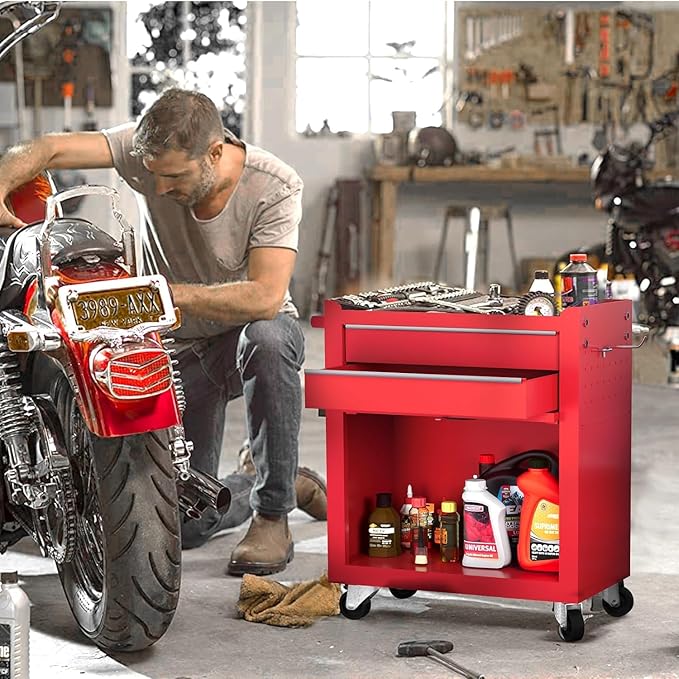 8-Drawer Rolling Tool Chest with Wheels - High Capacity Tool Cabinet with Detachable Top Toolbox for Garage and Workshop Organization - Metal Tool Cart with Liner & 6 Hooks, Red