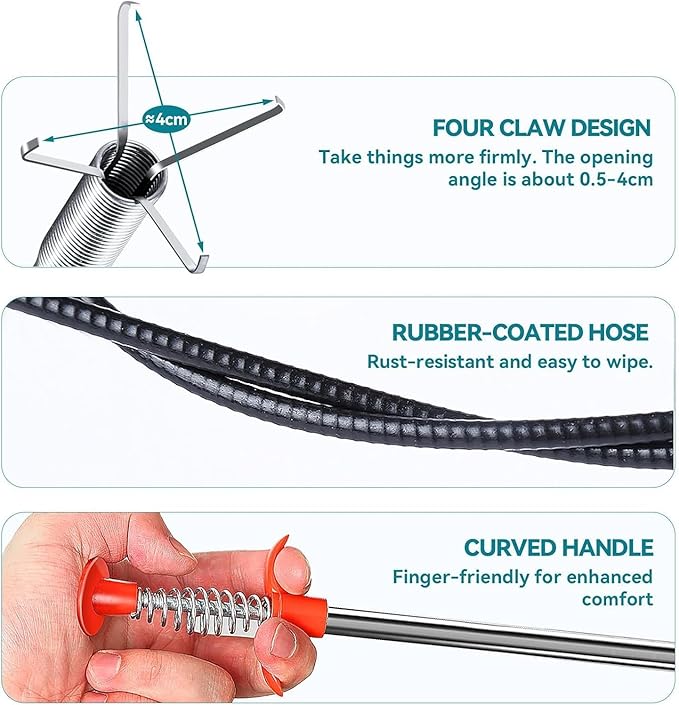 Drain Snake,76 inch Flexible Grabber Claw Pick Up Reacher Tool,Drain Clog Remover - Gutter Cleaning Tools for Home Sink, Bathroom Tub,Drain, Toilet, Tight Spaces