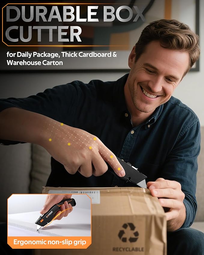 Box Cutter Utility Knife, [2-in-1] Retractable Box Cutter, Safety Heavy Duty Sharp Razor Knife for Home & Warehouse Cardboard, Carpet, Blade Storage, with Extra Razor & Hook Blades (Orange)